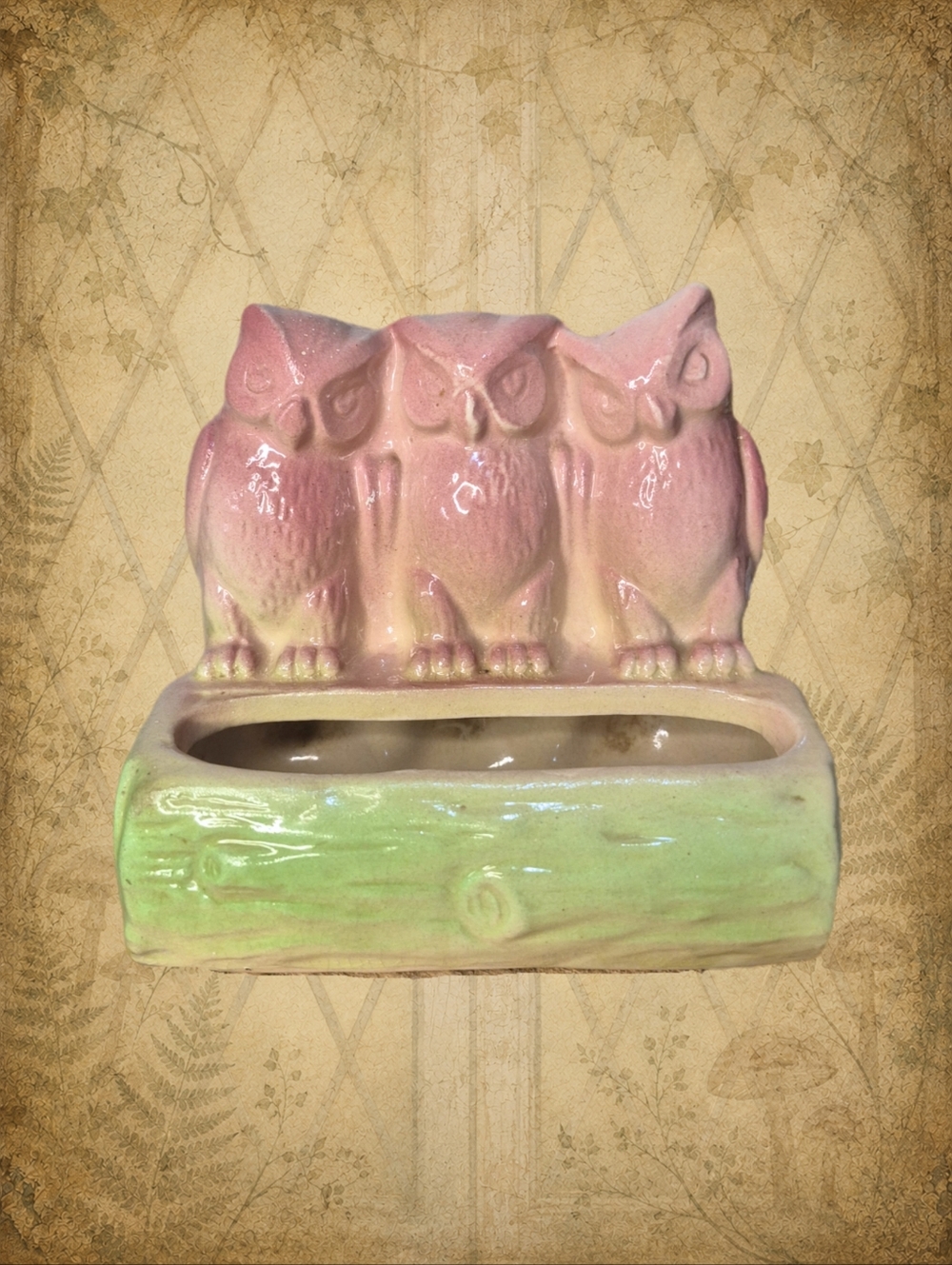 Vintage Owls on Log Pink & Green Planter